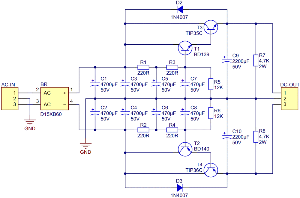 Schematic diagram of the low noise 45 V-4 A dual rail power supply.