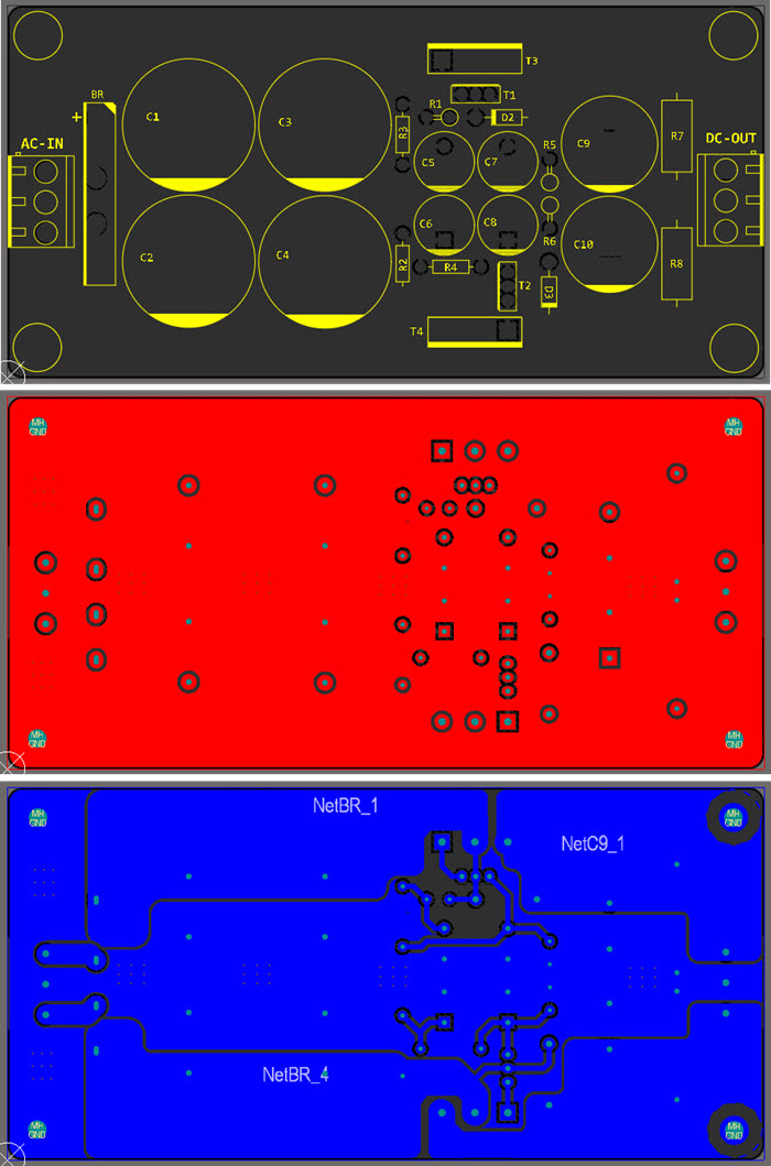 PCB layout of the low noise 45 V-4 A dual rail power supply.