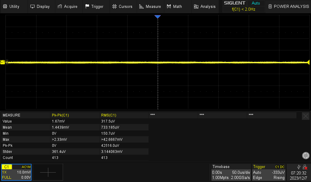Output noise of the low noise 45 V-4 A dual rail power supply (4 a load).