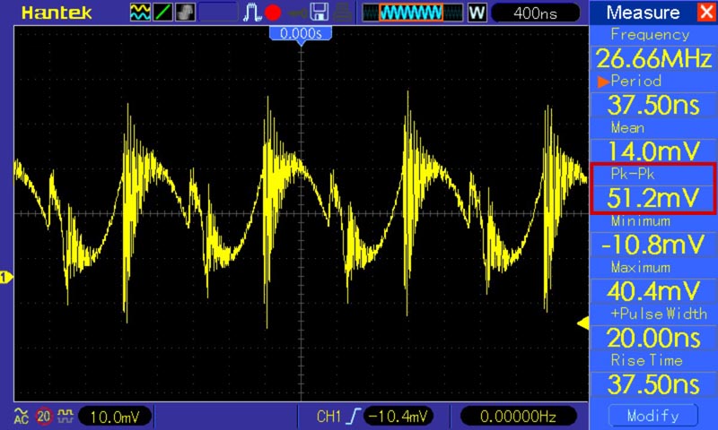 Input: 12 V - output: 5 V. Output voltage ripple @ 250 mA load.