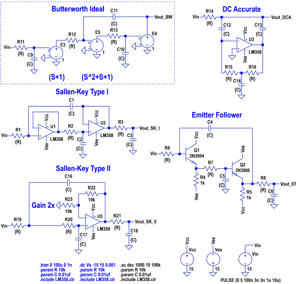 The various third-order active Butterworth response low-pass filters discussed in this Design Idea include ideal, Sallen-Key Type I and II, emitter follower and DC accurate variants.