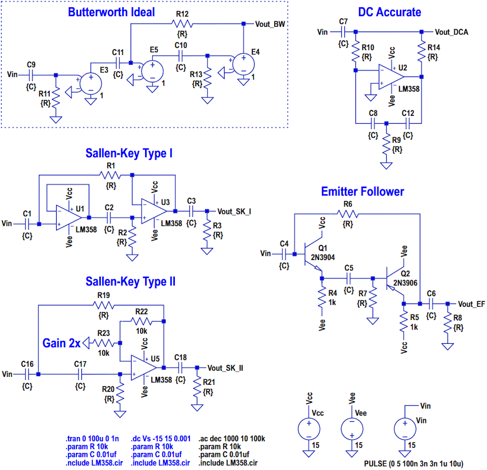 Swapping resistors and capacitors results in high-pass versions of the circuits previously seen in Figure 1.