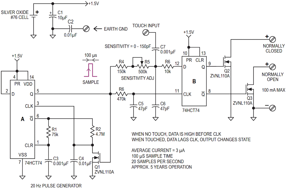 Touch activated switch needs 1.5 volts