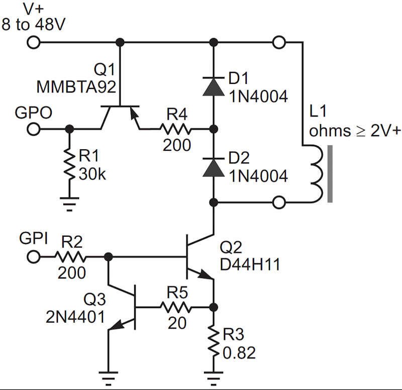 In this circuit, driver transistor Q2's PWM duty cycle varies from 100% at actuation to a power saving 50% sustain. It can accommodate load currents up to half an amp. R5 protects current limiter Q3's base-emitter junction from destruction by over-current events. And Q1 detects coil opens and shorts.