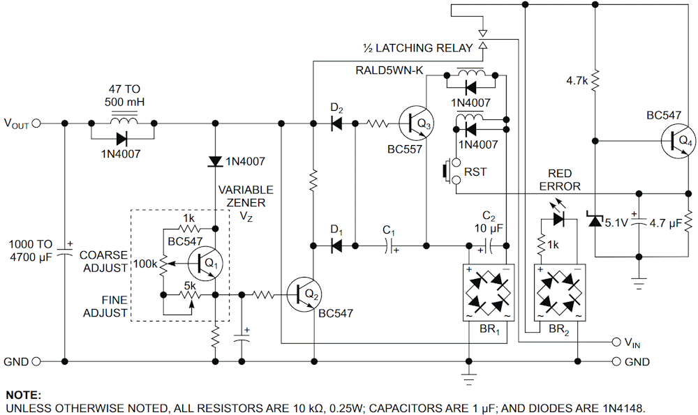 A bistable latching relay is the heart of this protection circuit that guards your load against excessive voltage and wrong polarity.