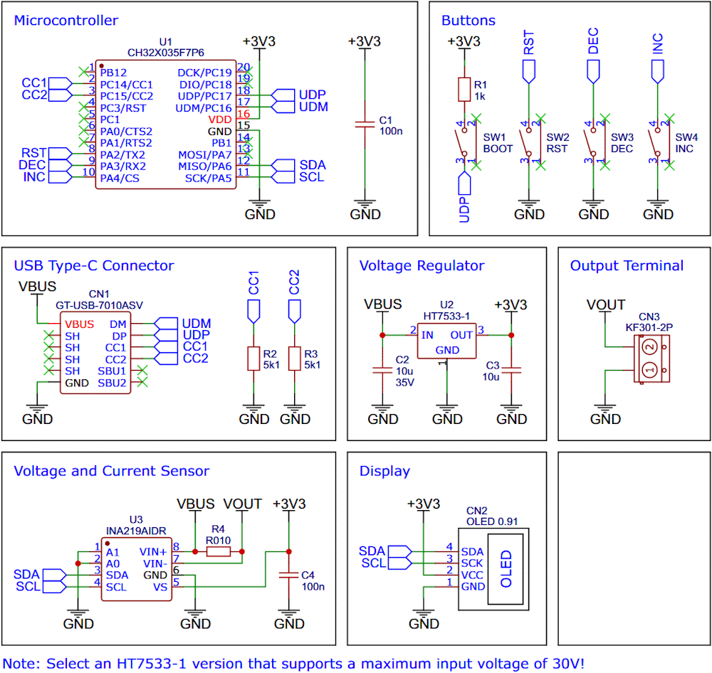 Schematic diagram of the USB PD adapter.