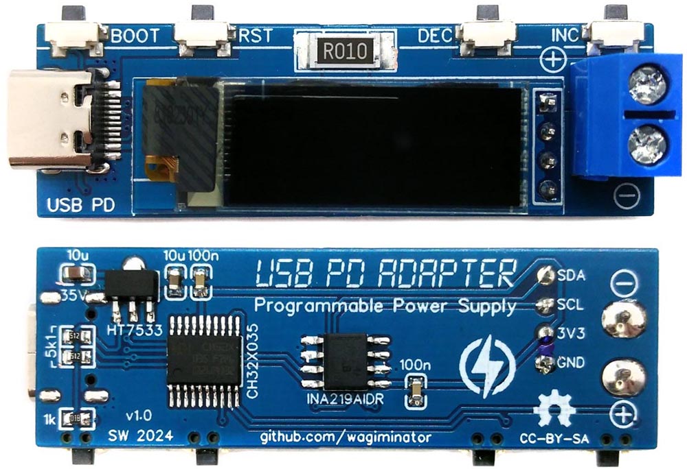 Assembled PCB board of the USB PD adapter.
