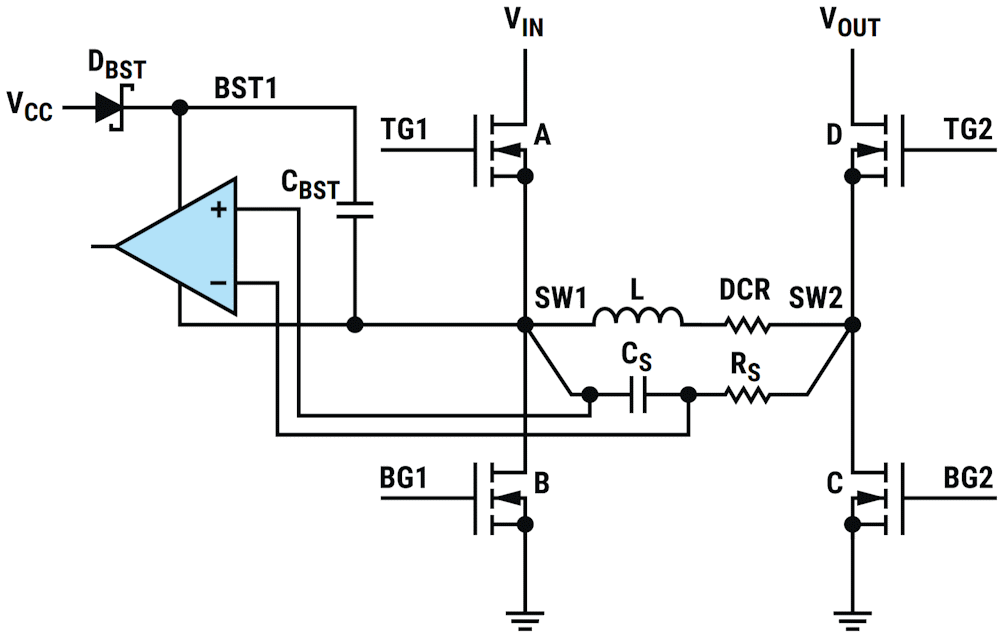 Inductor DCR current sensing in 4-switch buck-boost converters.