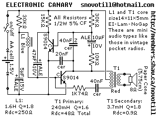 circuit of the same type as shown above, but this one runs off a single AA cell and is therefore able to use fewer parts. It is not as loud as the one above. I do not gaurantee the accuracy or safety of any information herein